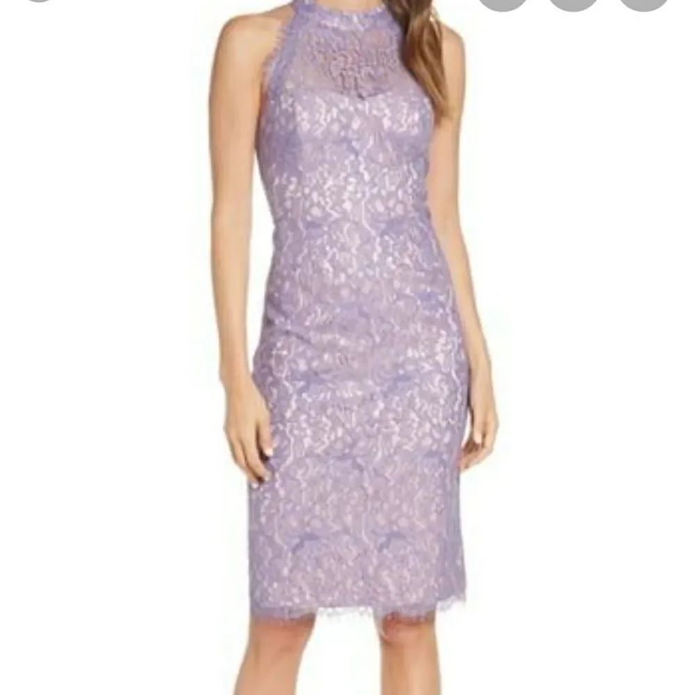 Eliza j halter neck lace purple sheath dress